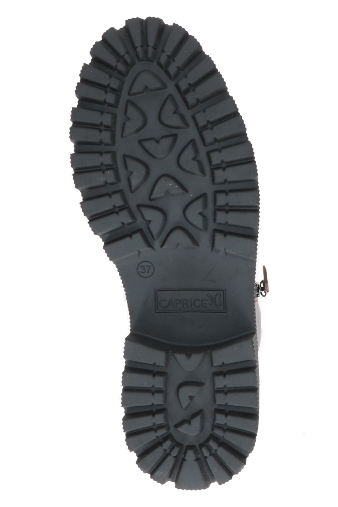 Close-up of a black boot sole with brand logo on a white background