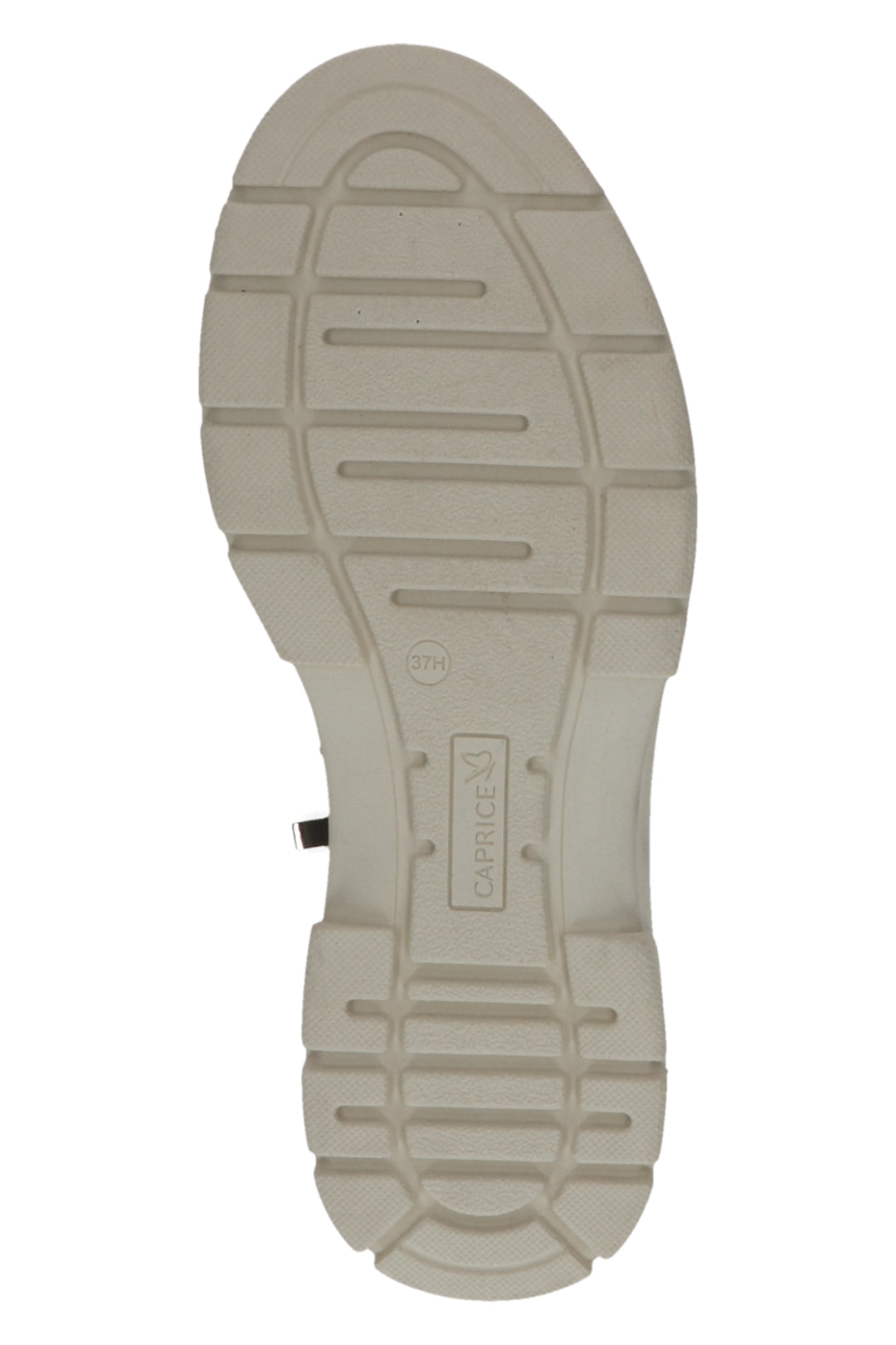 Close-up of a beige shoe sole with brand logo on a white background