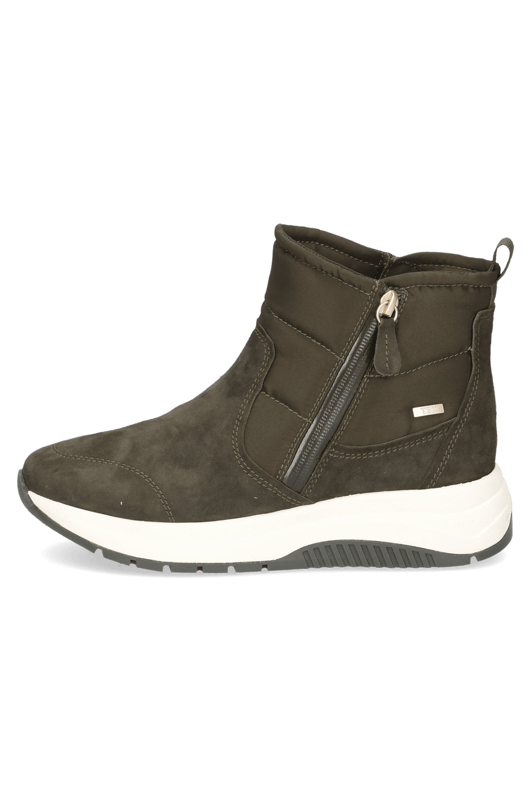 Dark green ankle boot with a white sole on a white background