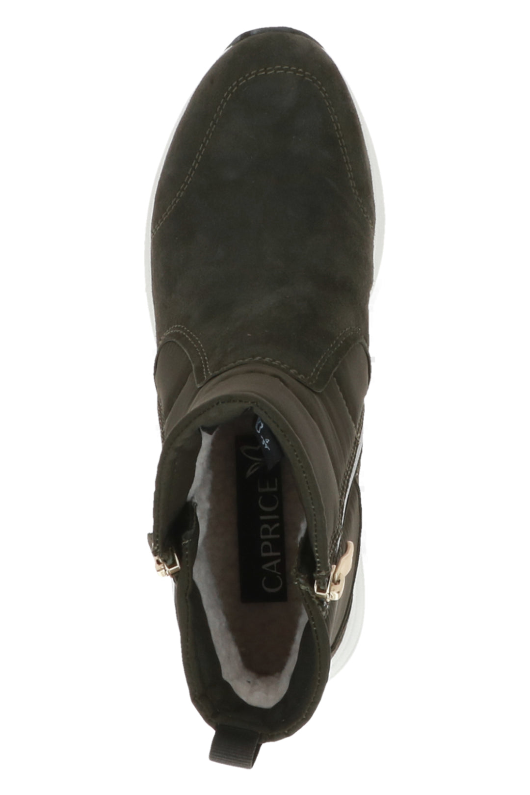 Dark green ankle boot with a visible brand label on a white background