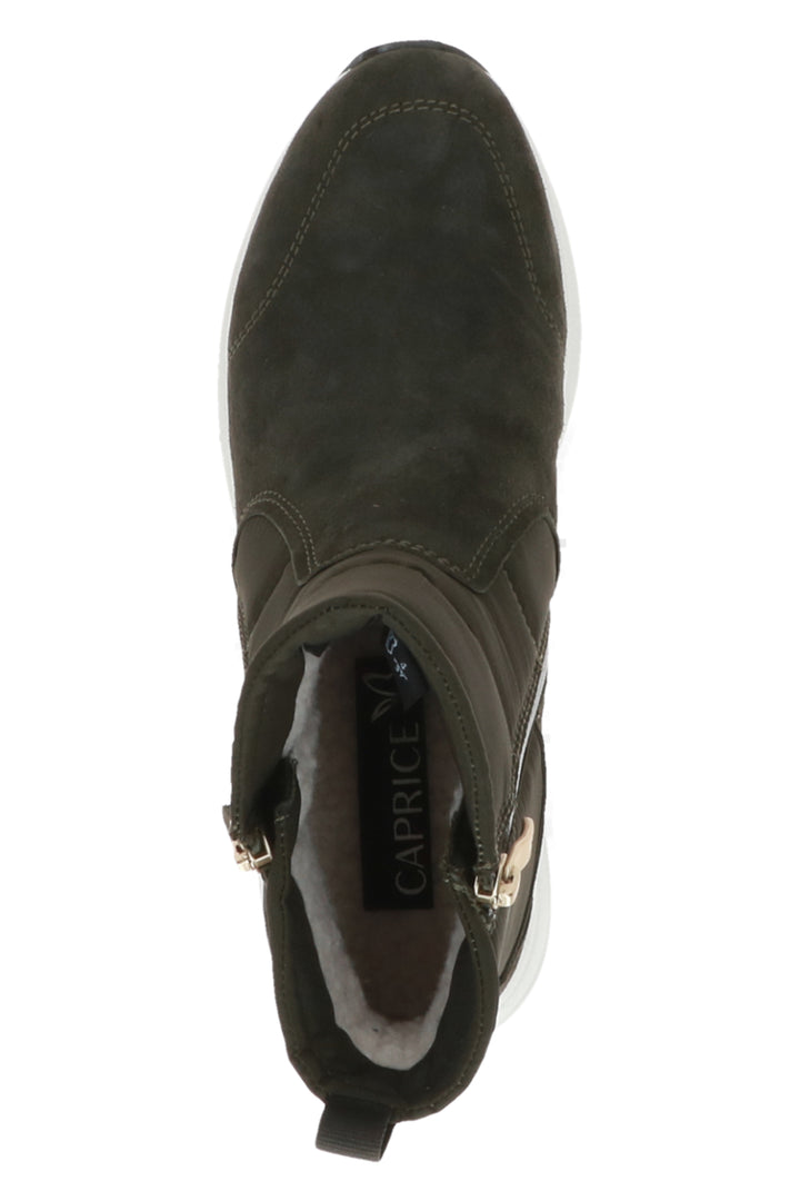 Dark green ankle boot with a visible brand label on a white background