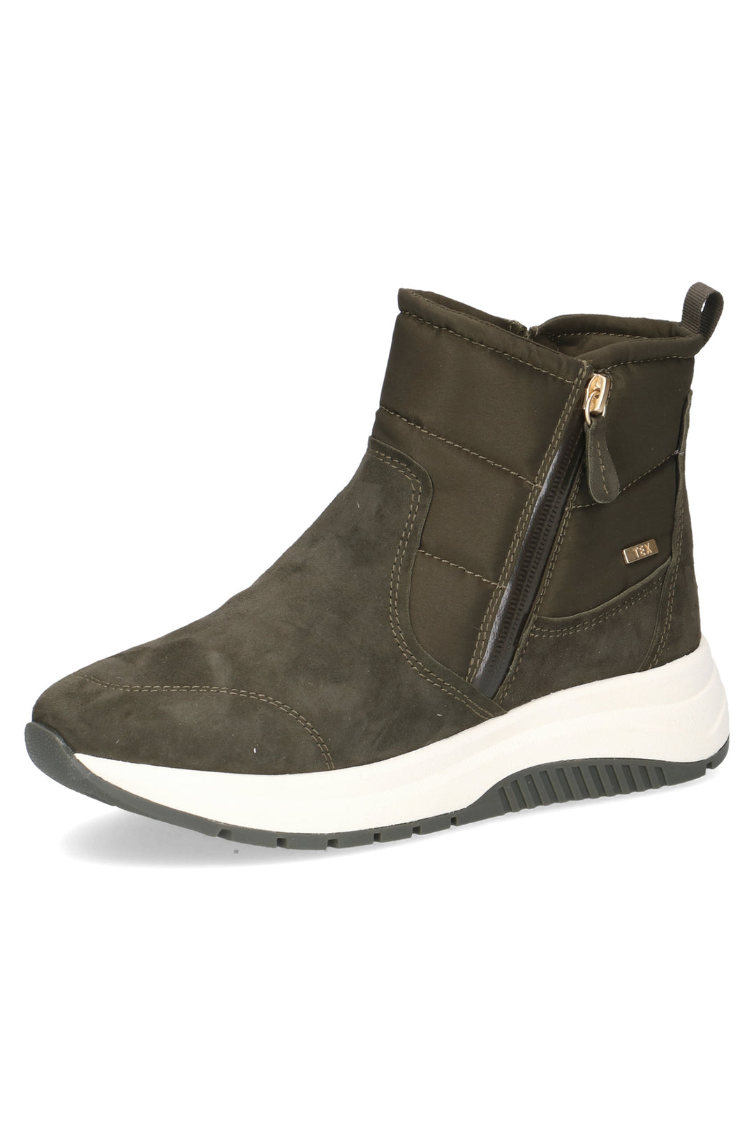 Green ankle boot with white sole on a white background