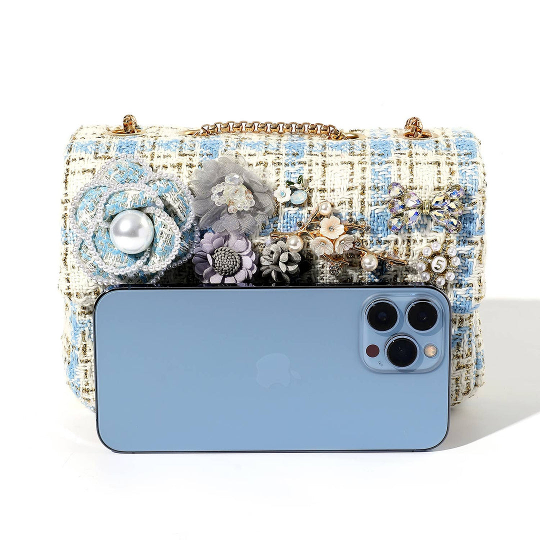 Blue &amp; White Tweed Bag with Pearl and Flowers Accents