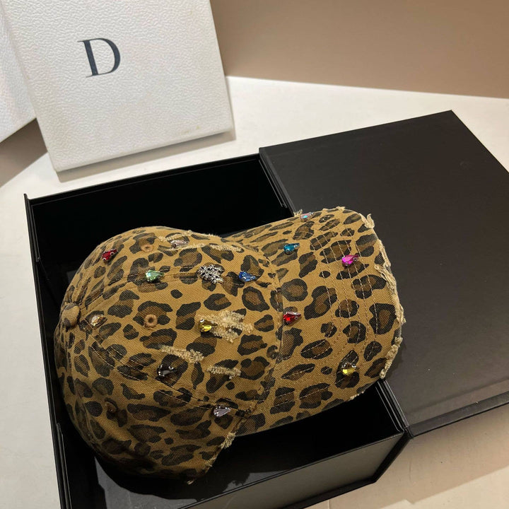 Taupe Jewelled Leopard Print Fashion Cap
