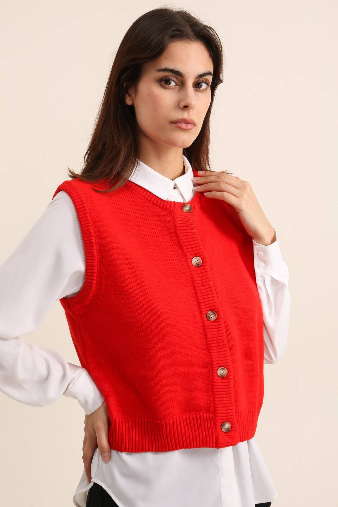 Wool Blend Button Through Red Sleeveless Waistcoat