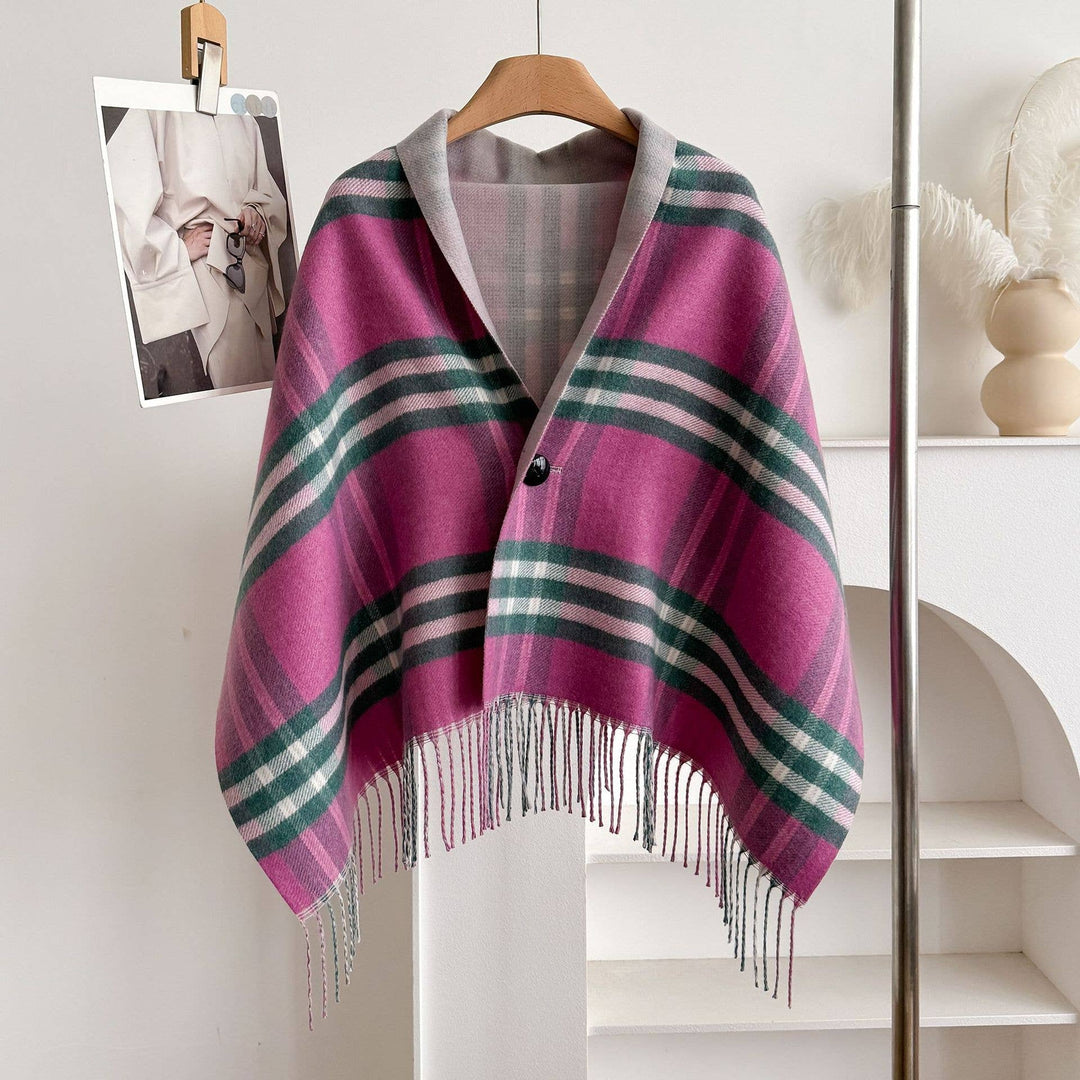 Pink &amp; Green Plaid Fringe Poncho Cape Wrap