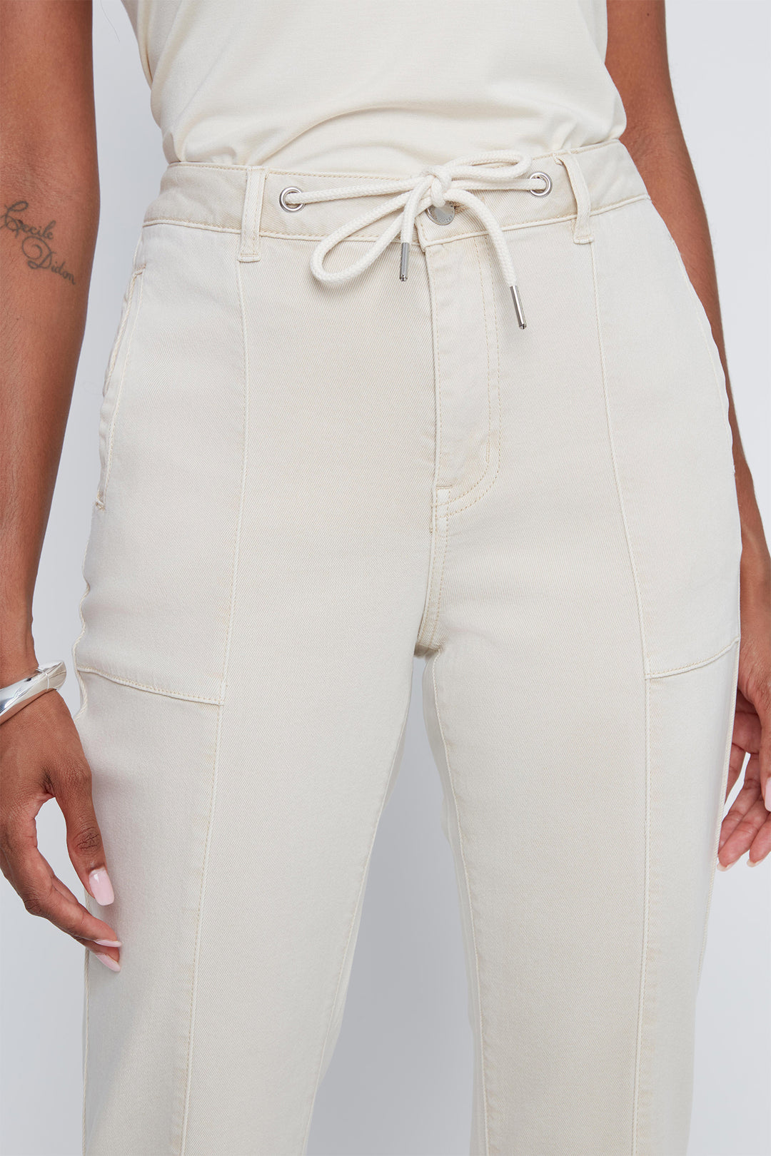 Coco Y Club 2612014 Shell White Drawstring Waist Cropped Trousers