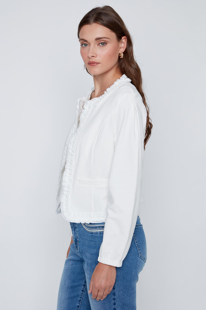 Coco Y Club 2614001 Off White Ruffle Edge Zip Front Jacket