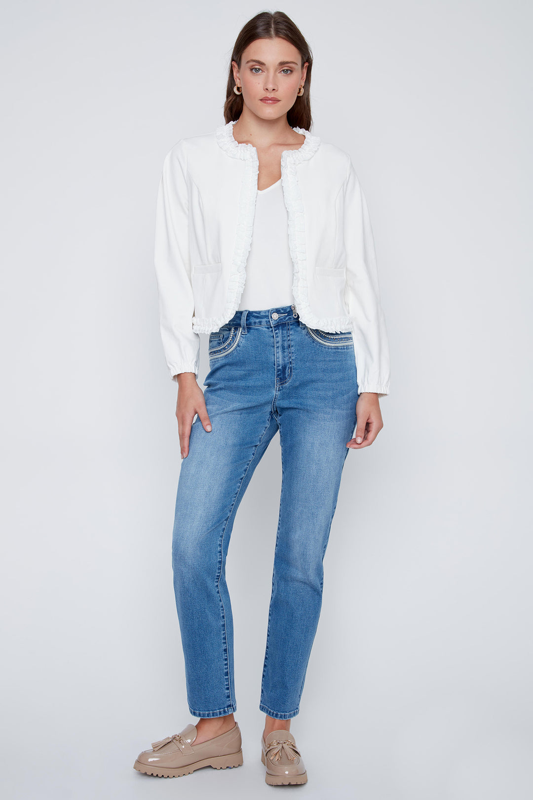 Coco Y Club 2614001 Off White Ruffle Edge Zip Front Jacket