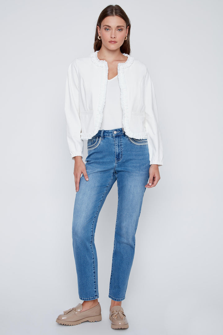 Coco Y Club 2614001 Off White Ruffle Edge Zip Front Jacket