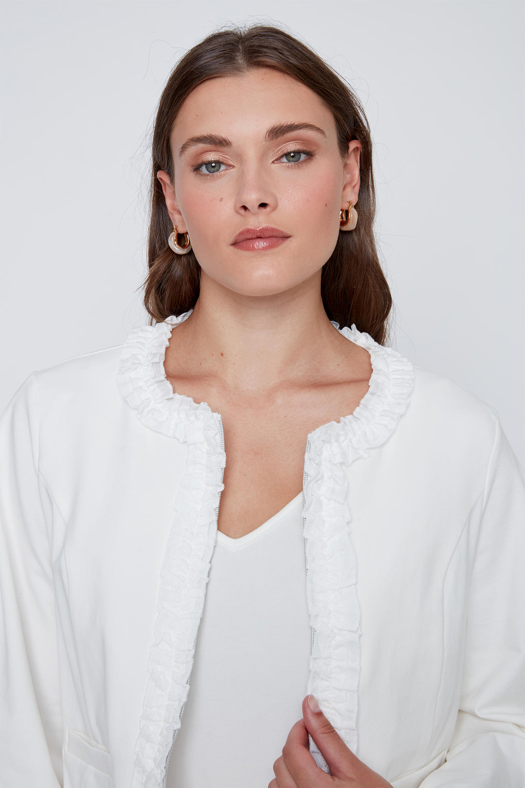 Coco Y Club 2614001 Off White Ruffle Edge Zip Front Jacket