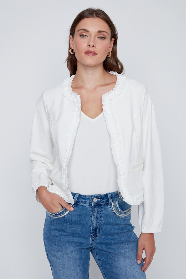 Coco Y Club 2614001 Off White Ruffle Edge Zip Front Jacket