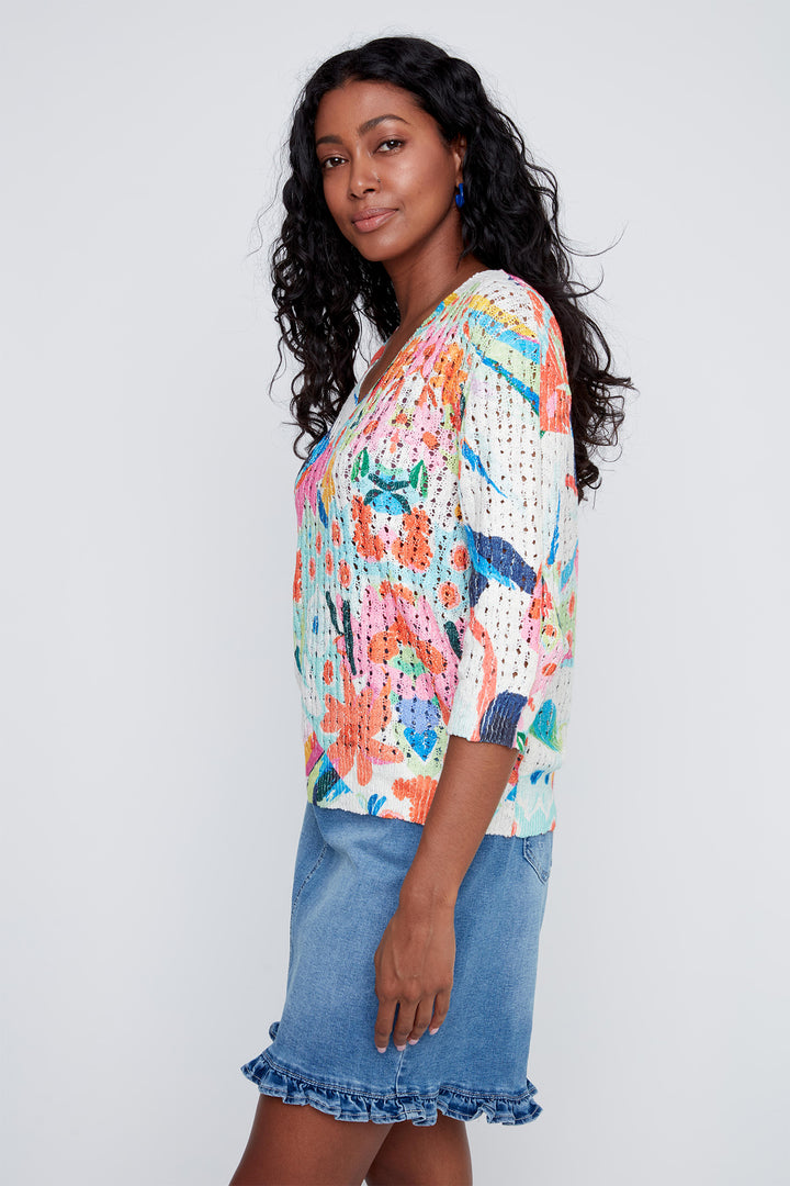 Coco Y Club 2619018 Floral Print Crochet Knit Jumper