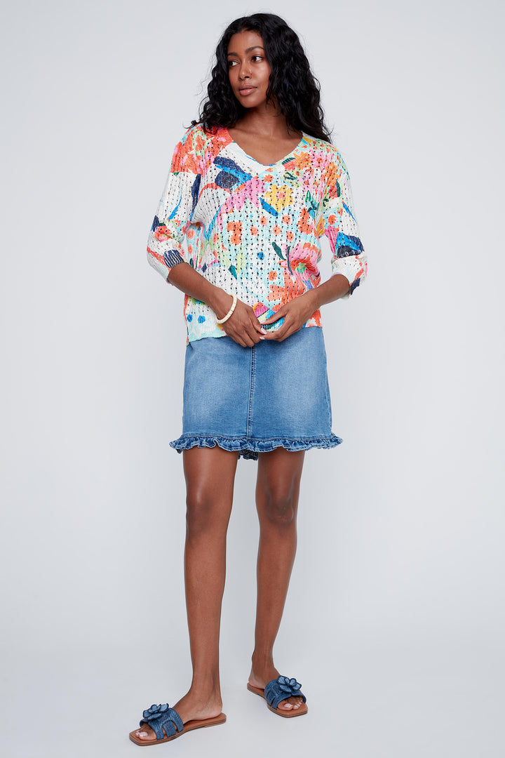 Coco Y Club 2619018 Floral Print Crochet Knit Jumper