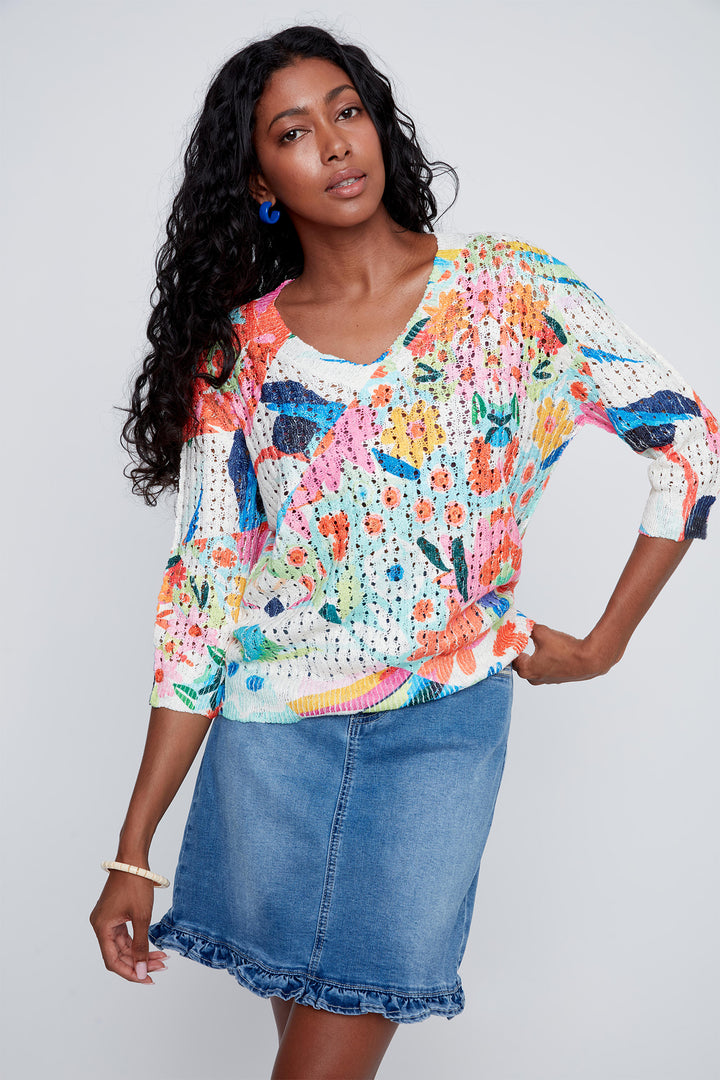Coco Y Club 2619018 Floral Print Crochet Knit Jumper