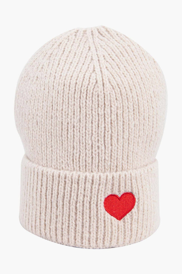 Cream & Red Heart Embroidered Beanie Hat