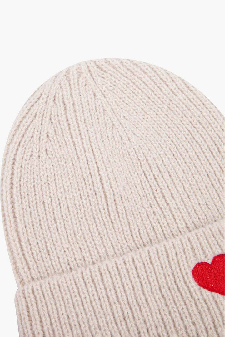 Cream & Red Heart Embroidered Beanie Hat