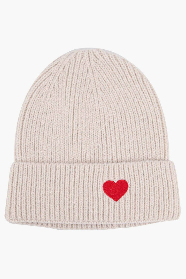 Cream & Red Heart Embroidered Beanie Hat
