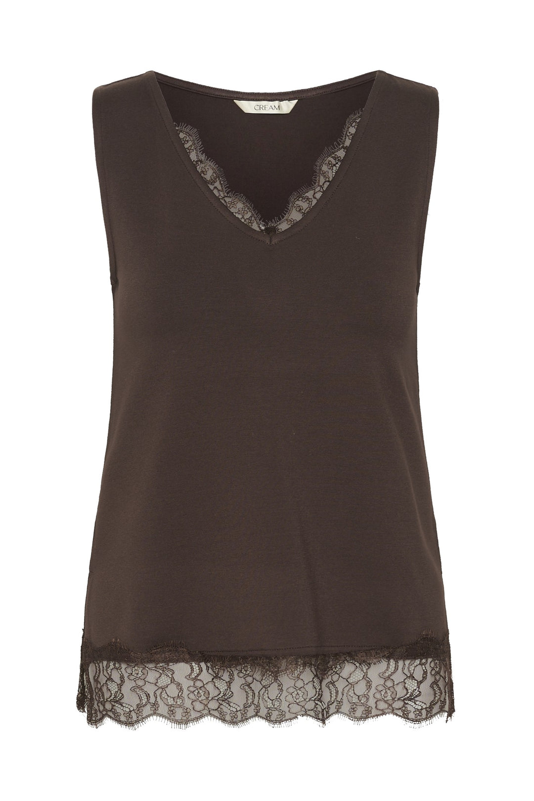 Cream Clothing CRAlvaia java brown jersey lace top, front packshot