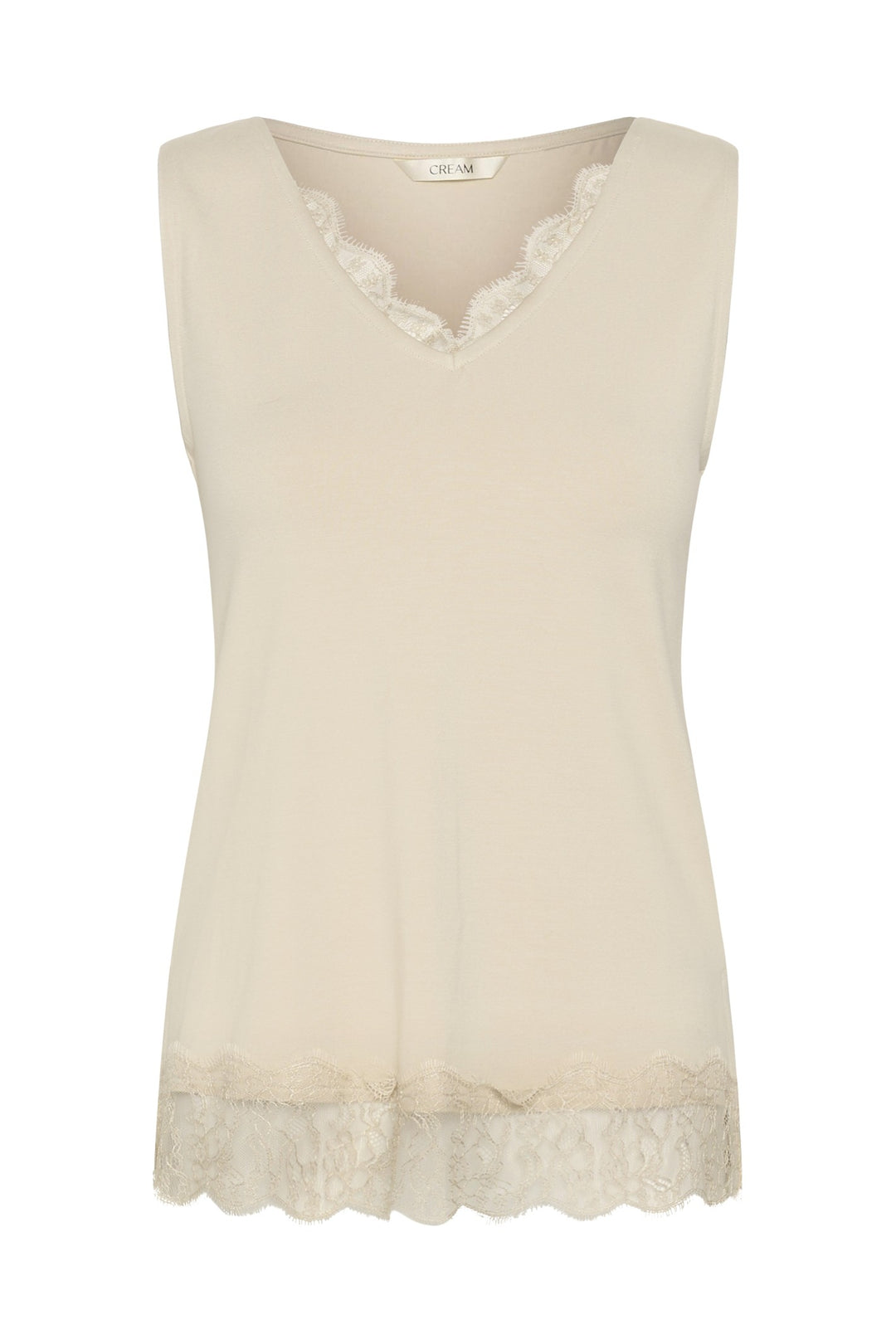 Cream Clothing CRAlvaia oatmeal beige jersey lace top, front packshot