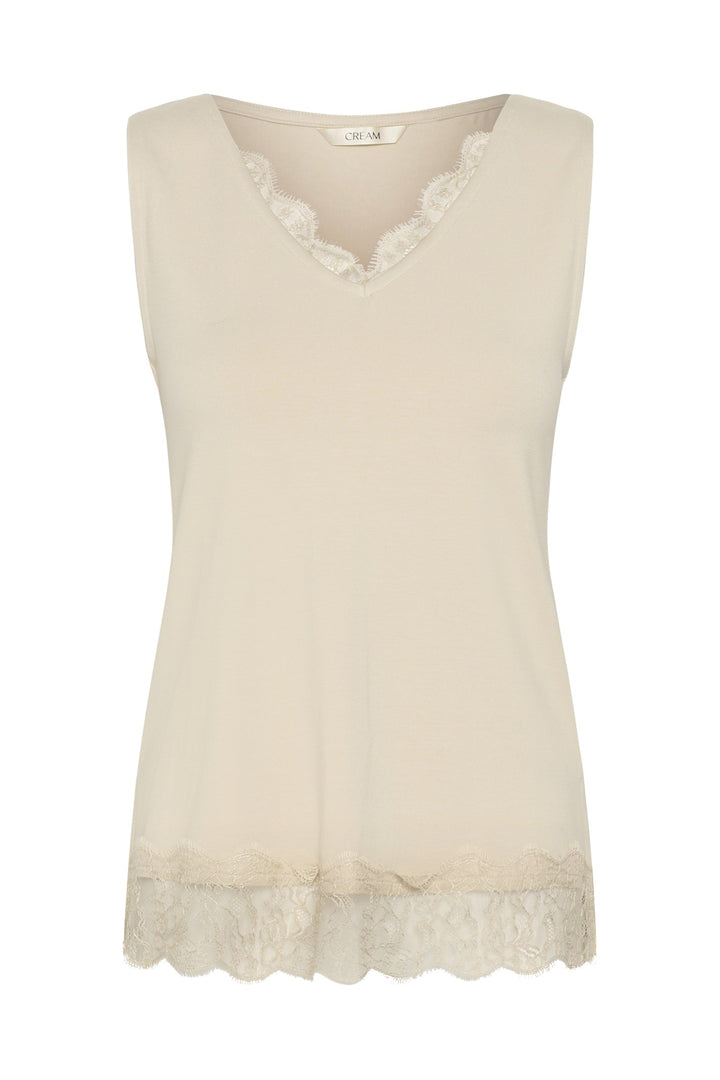 Cream Clothing CRAlvaia oatmeal beige jersey lace top, front packshot