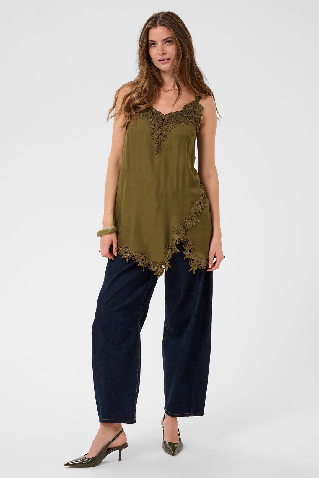 Cream Clothing CRAnna Military Olive Green Lace Longline Vest Top 10615615 190622, full length front view on model