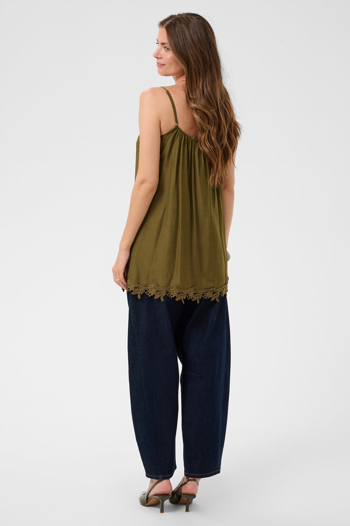Cream Clothing CRAnna Military Olive Green Lace Longline Vest Top 10615615 190622, back view on model
