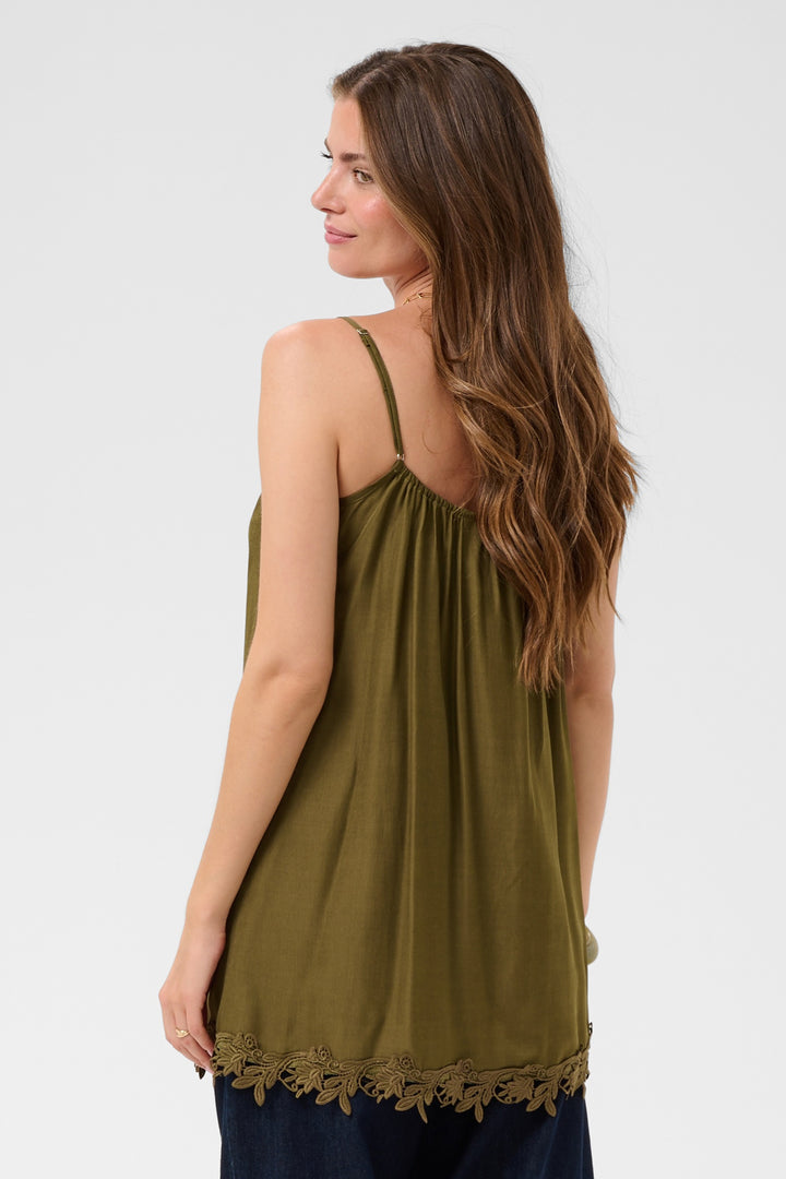 Cream Clothing CRAnna Military Olive Green Lace Longline Vest Top 10615615 190622, back view close up