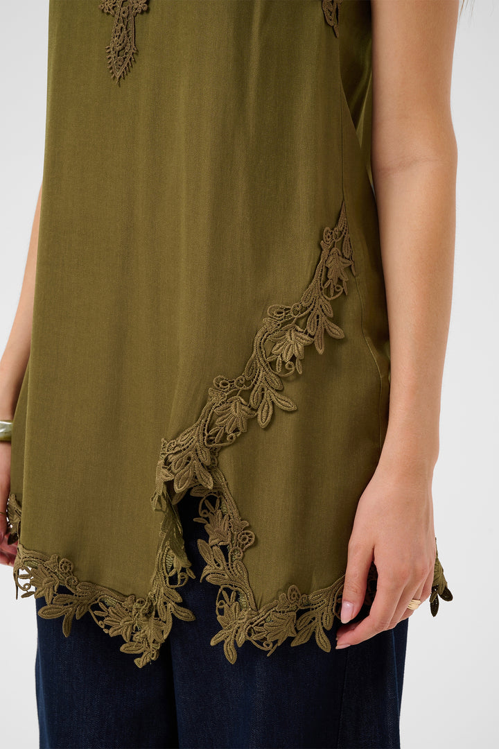 Cream Clothing CRAnna Military Olive Green Lace Longline Vest Top 10615615 190622, lace hem detail