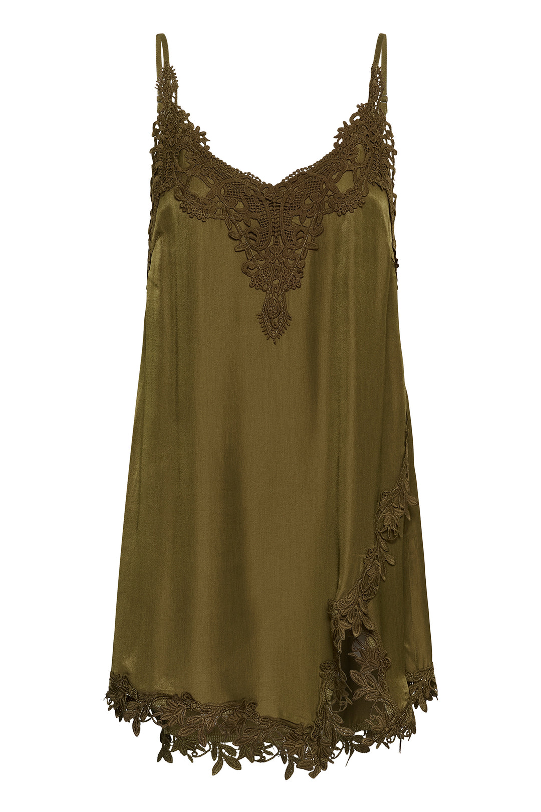 Cream Clothing CRAnna Military Olive Green Lace Longline Vest Top 10615615 190622, front view flat