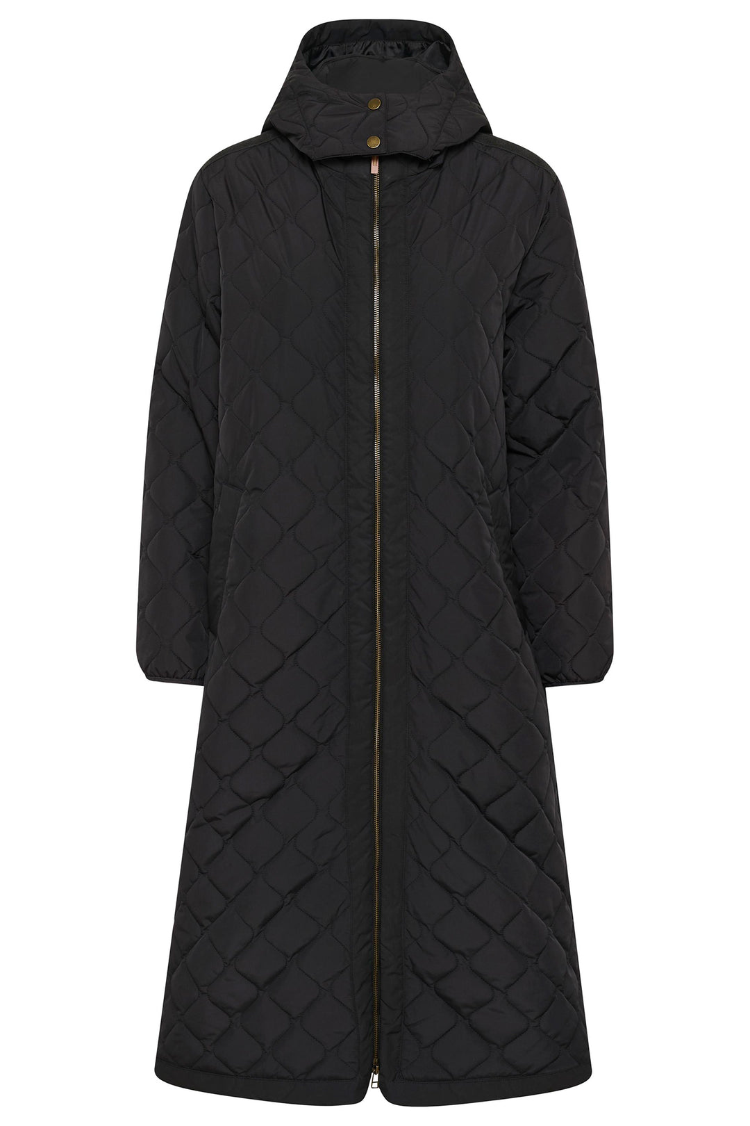 Black quilted coat with a hood on a white background
