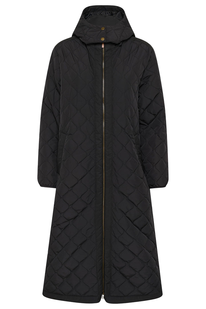 Black quilted coat with a hood on a white background