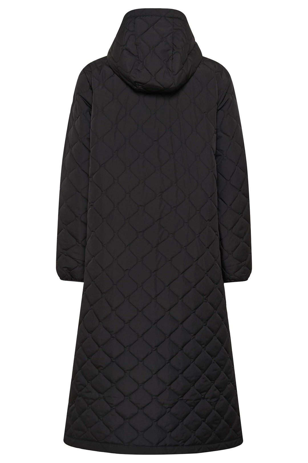 Black quilted coat with a hood on a white background