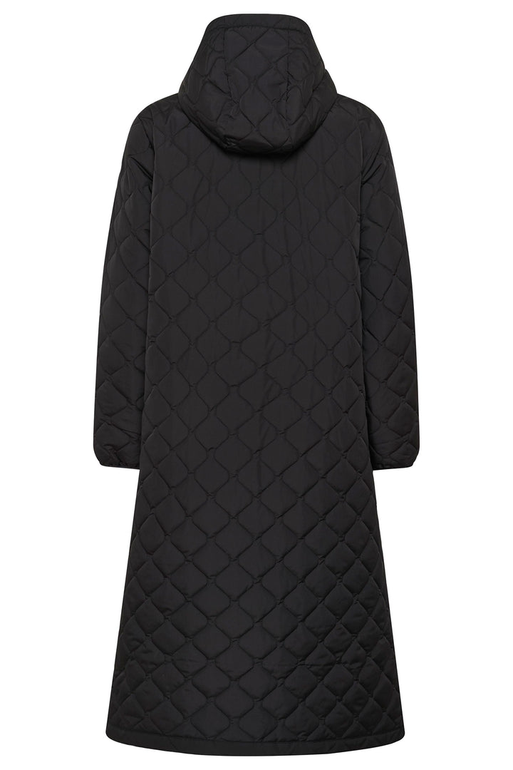 Black quilted coat with a hood on a white background