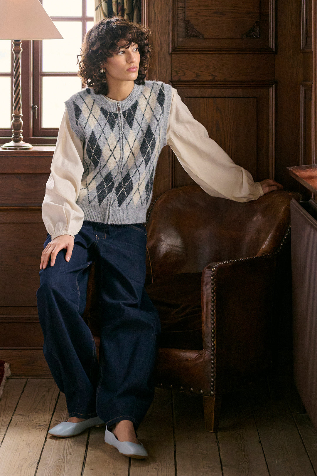 Cream Clothing CRBahren Cape Breton Rinse Blue Barrel Leg Jeans 10614217 109555, styled with an argyle knit