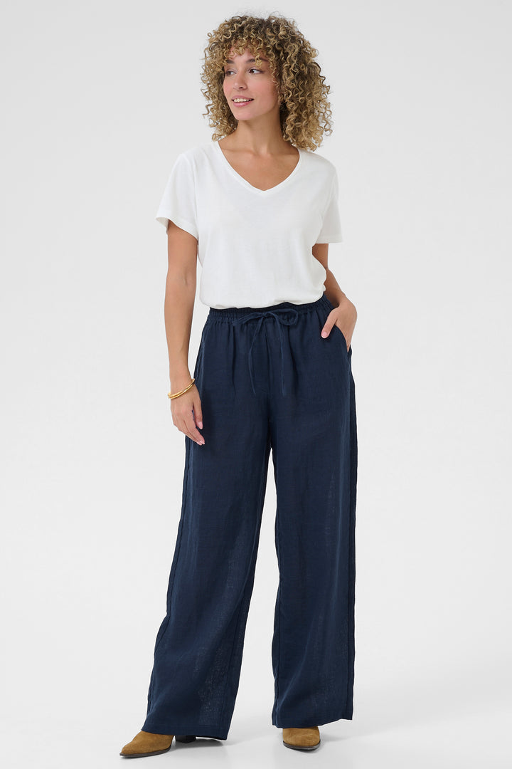 Cream Clothing CRBellis Navy Linen Drawstring Waist Trousers 10611574 194024 - Experience Boutique