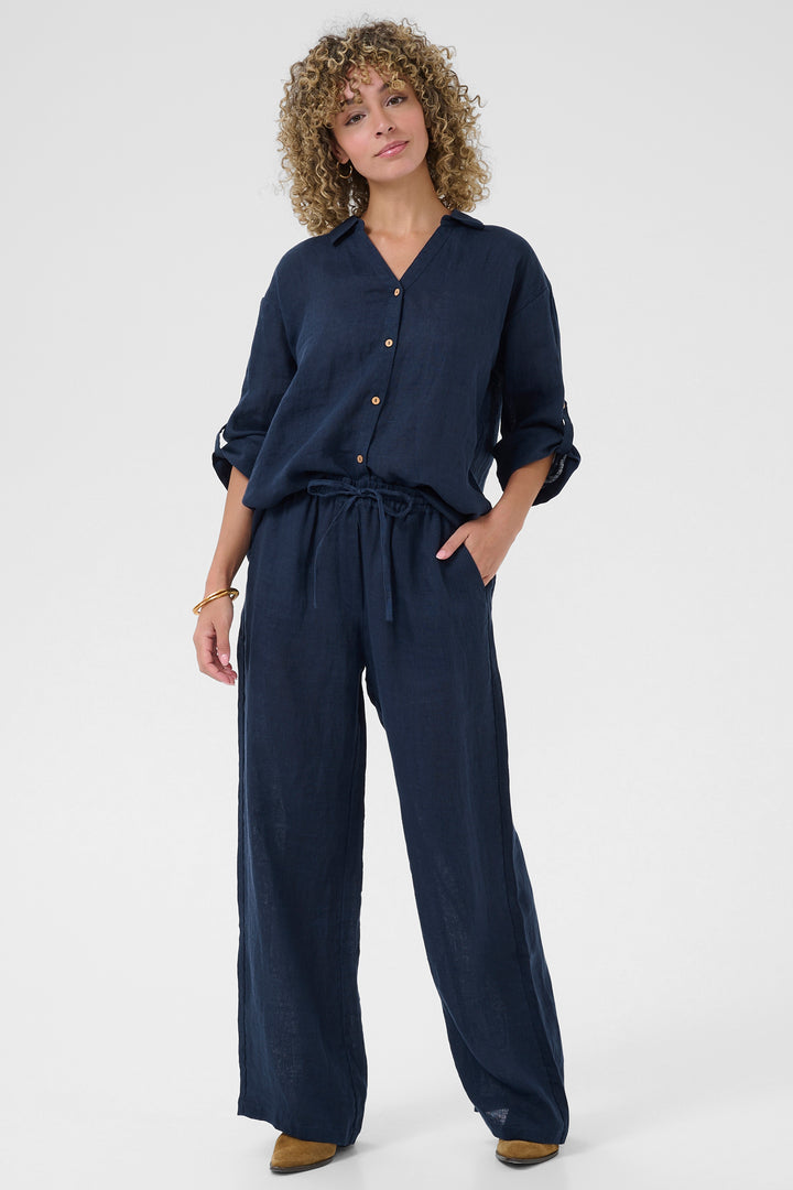 Cream Clothing CRBellis Navy Linen Drawstring Waist Trousers 10611574 194024 - Experience Boutique