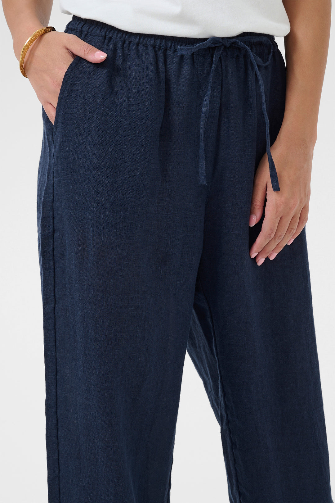 Cream Clothing CRBellis Navy Linen Drawstring Waist Trousers 10611574 194024 - Experience Boutique