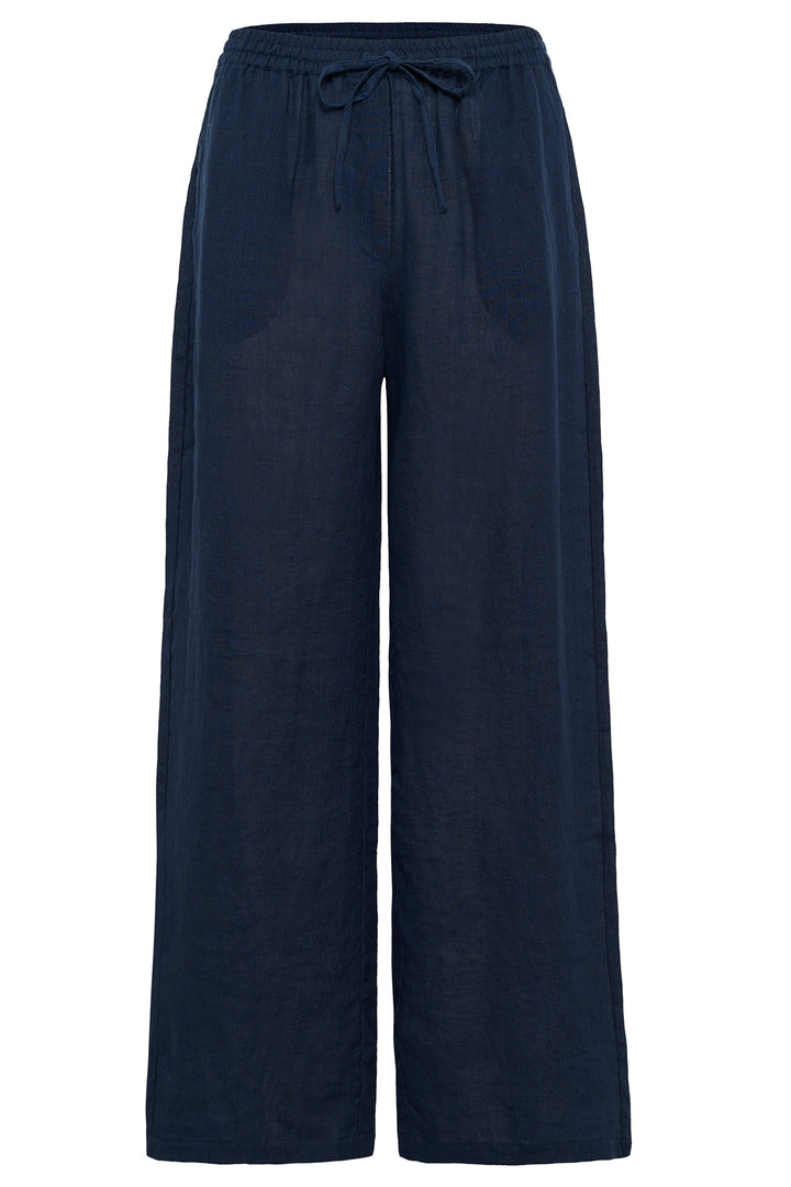 Cream Clothing CRBellis Navy Linen Drawstring Waist Trousers 10611574 194024 - Experience Boutique