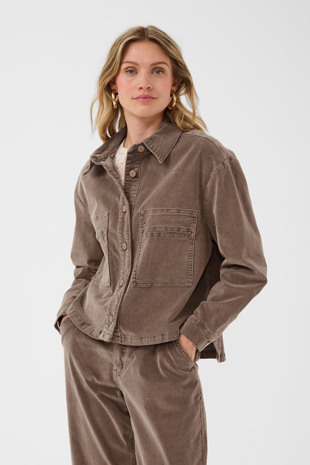 Cream CRBrady Brown Lentil Corduroy Shirt Jacket, front model cropped