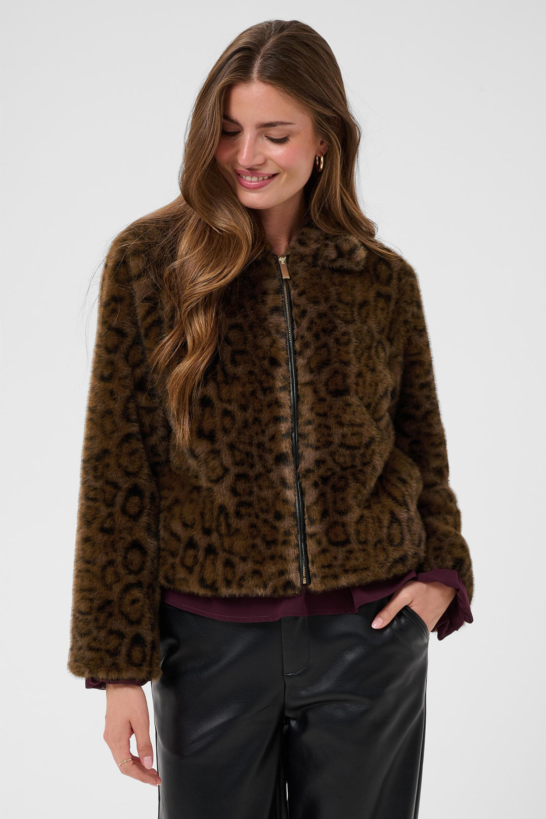 Cream Clothing CRCalluna Dark Animal Fur Brown Leopard Faux Fur Jacket 10615565 1000163, front view on model