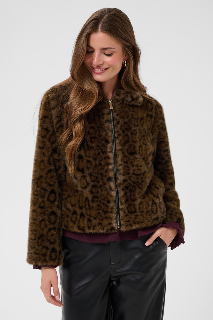 Cream Clothing CRCalluna Dark Animal Fur Brown Leopard Faux Fur Jacket 10615565 1000163, front view on model