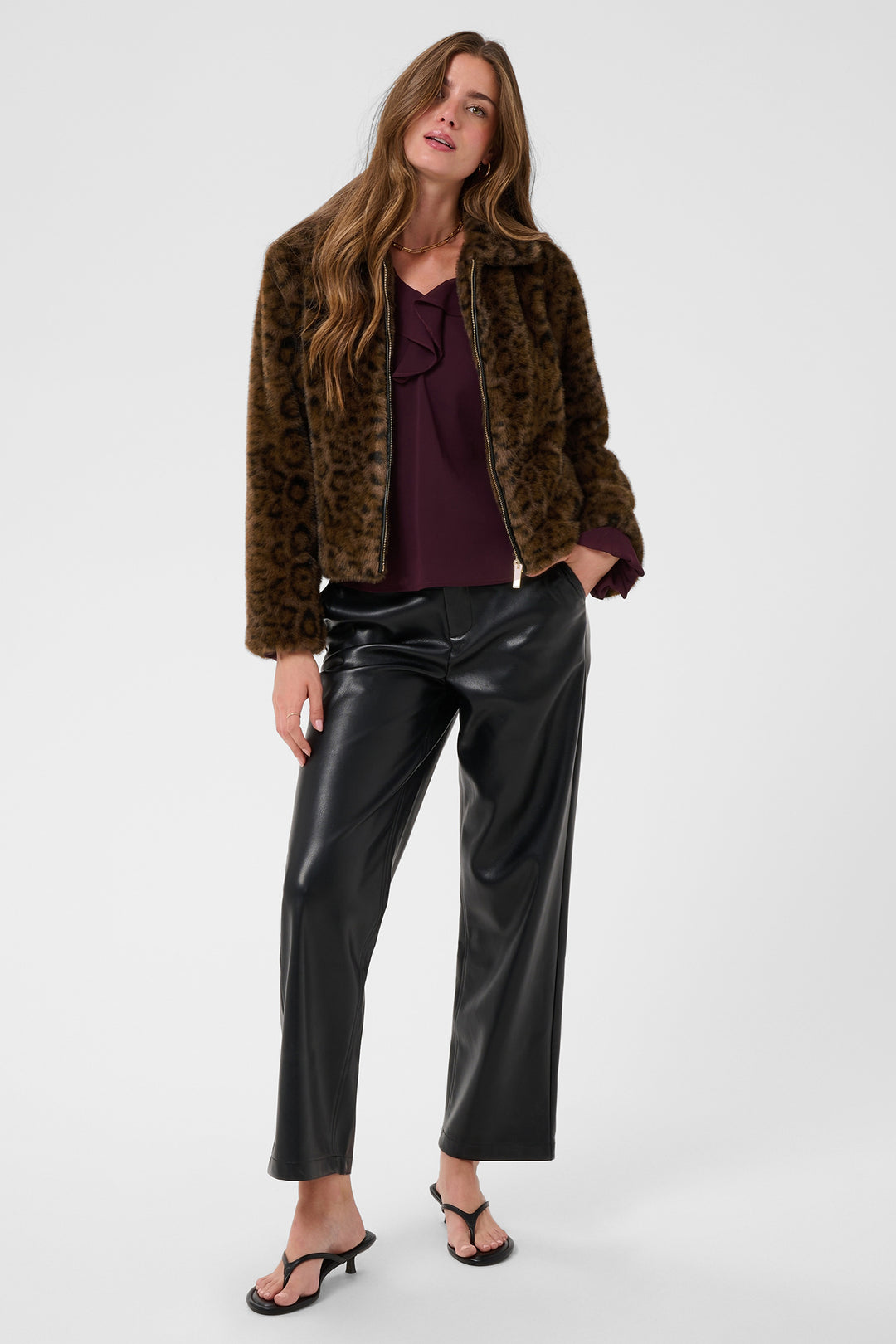 Cream Clothing CRCalluna Dark Animal Fur Brown Leopard Faux Fur Jacket 10615565 1000163, full length front view on model