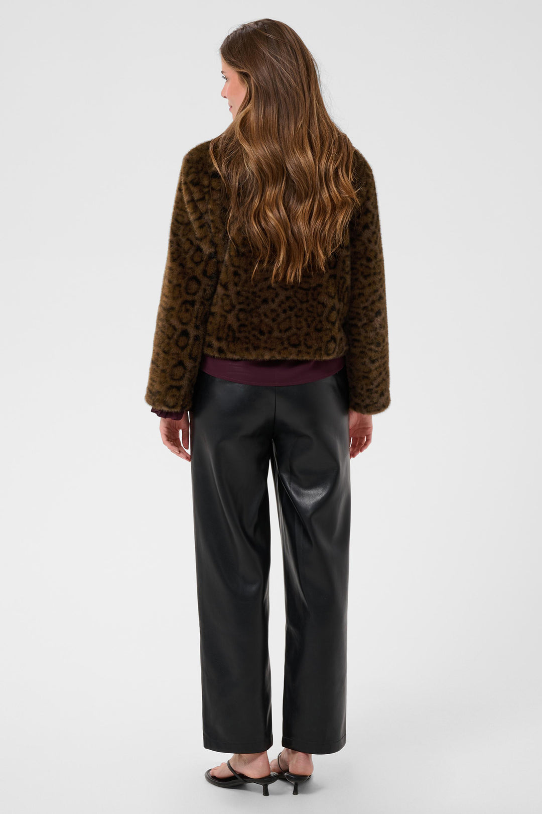 Cream Clothing CRCalluna Dark Animal Fur Brown Leopard Faux Fur Jacket 10615565 1000163, back view on model