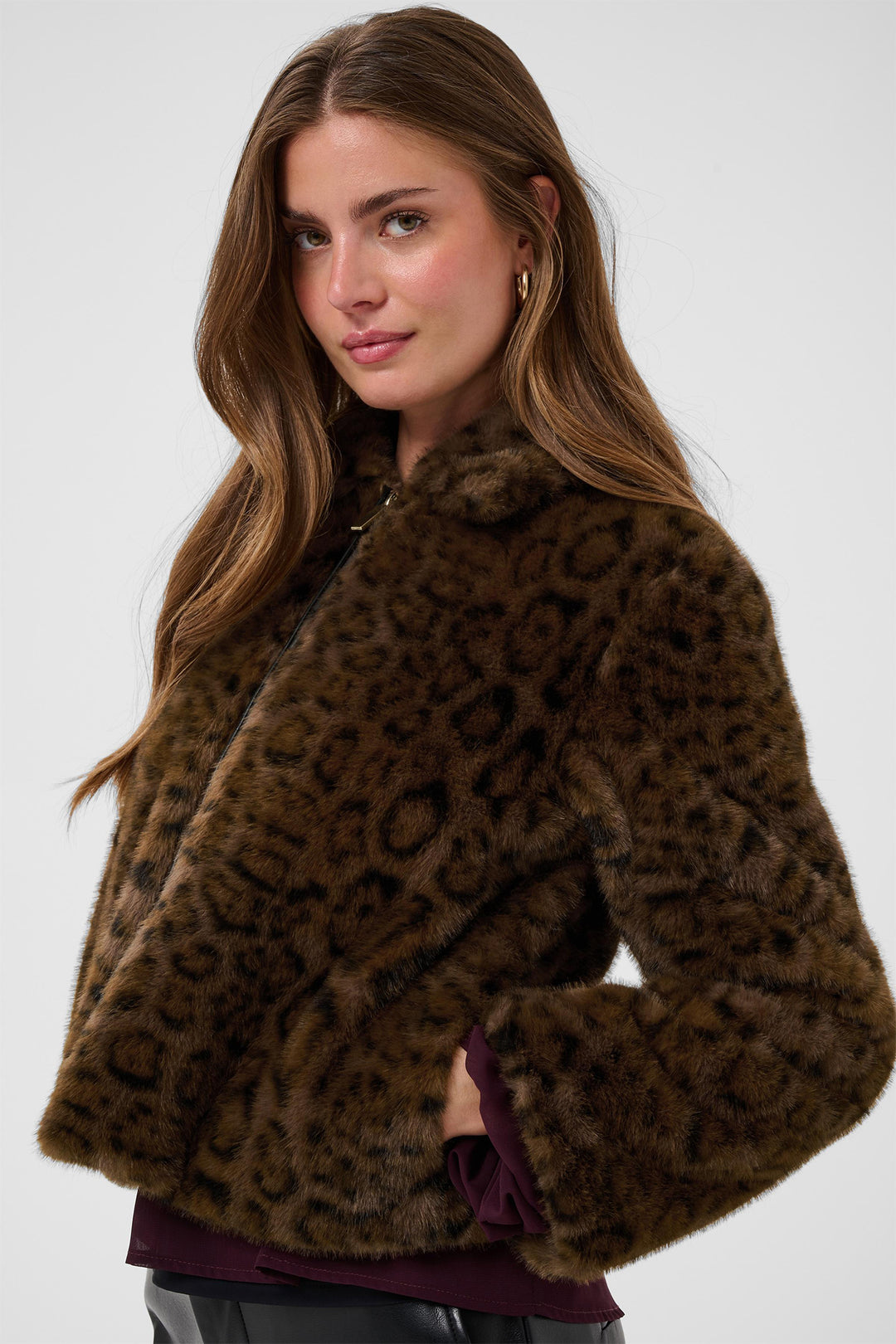 Cream Clothing CRCalluna Dark Animal Fur Brown Leopard Faux Fur Jacket 10615565 1000163, side view on model