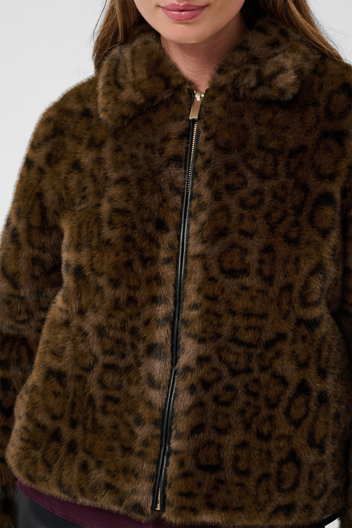Cream Clothing CRCalluna Dark Animal Fur Brown Leopard Faux Fur Jacket 10615565 1000163, collar and zip detail