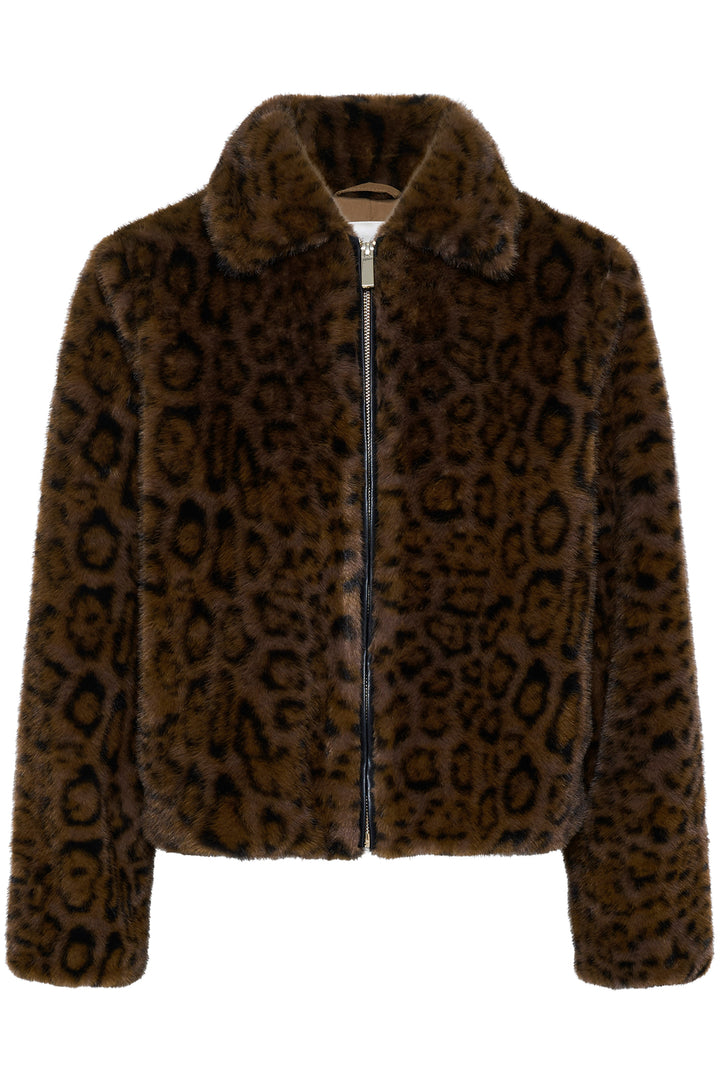 Cream Clothing CRCalluna Dark Animal Fur Brown Leopard Faux Fur Jacket 10615565 1000163, front view flat
