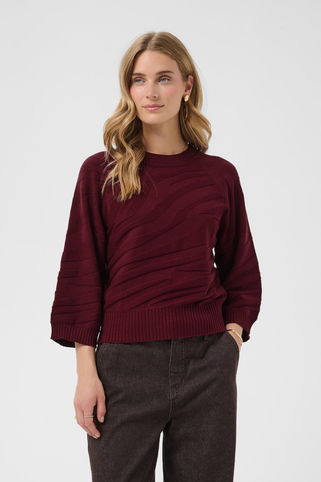 Cream CRDela Cabernet Red Jumper, front model cropped