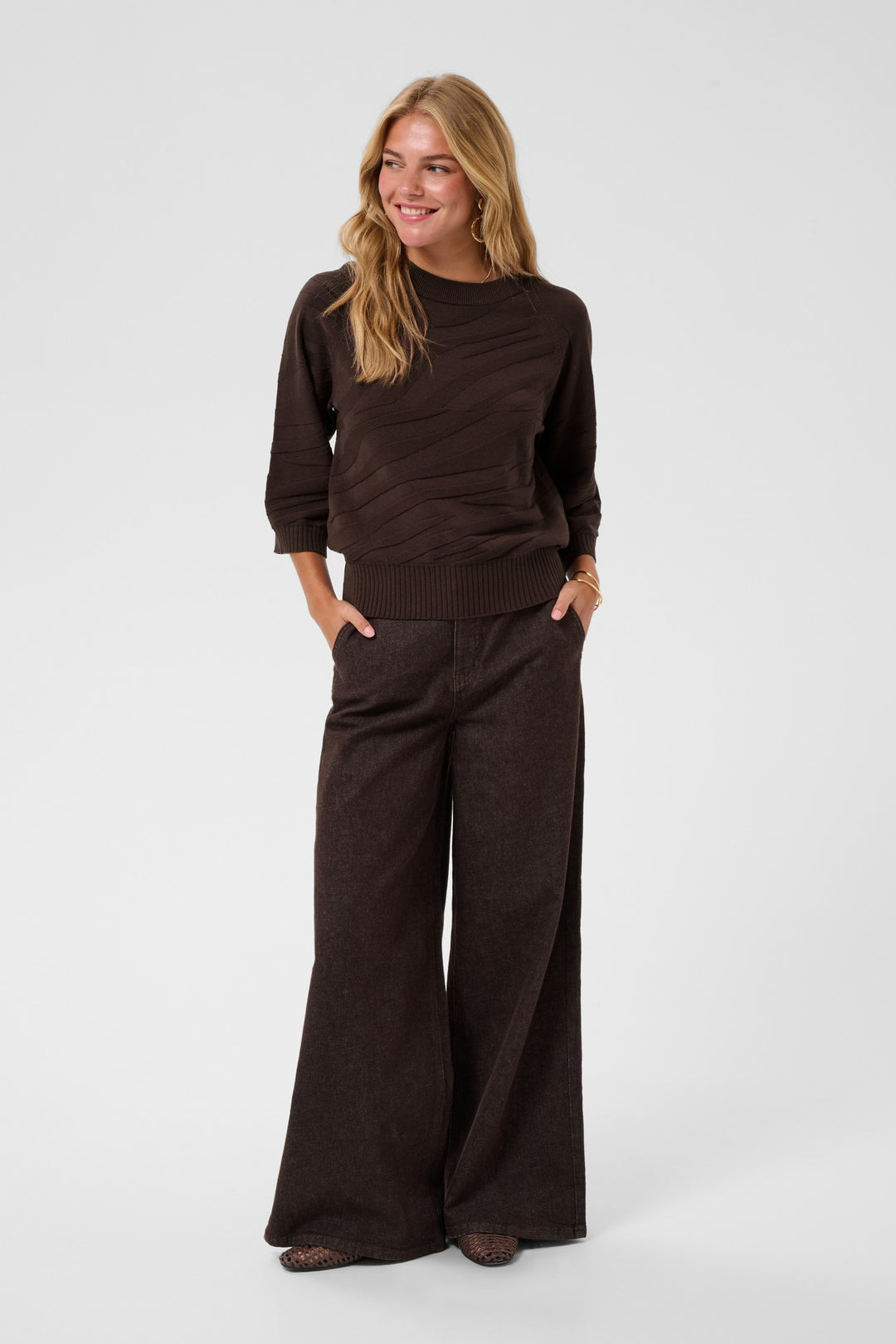 Cream CRDela Java Brown Jumper, front model full length