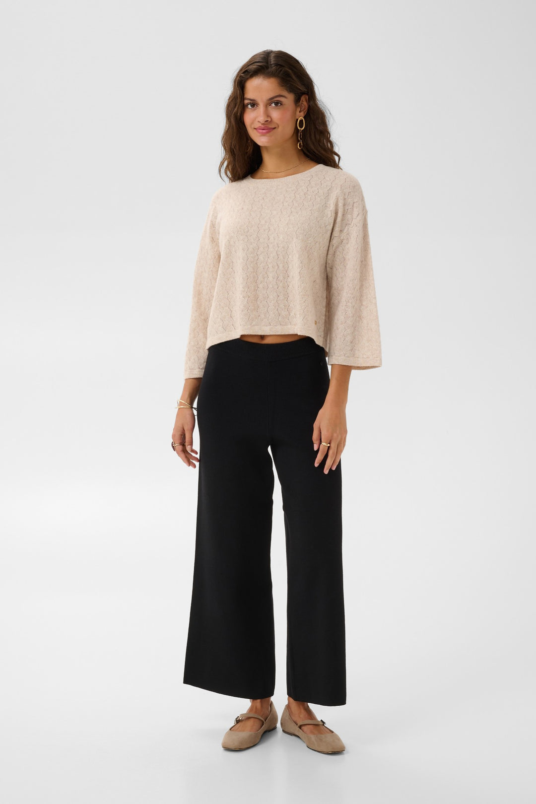 Cream CRDela Pitch Black Trousers, front model full length